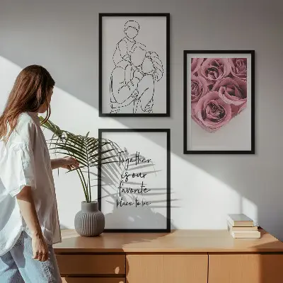 Billedsæt til soveværelset med line art motiv af rosebuketter