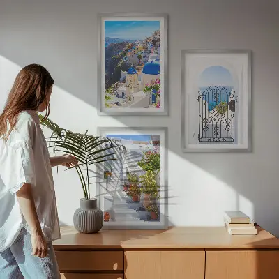 Triptykon med Santorini-arkitektur i Oia billeder med ramme