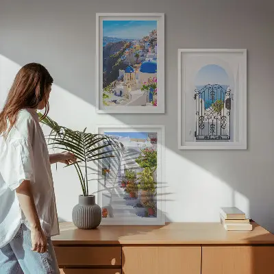 Triptykon med Santorini-arkitektur i Oia billeder med ramme