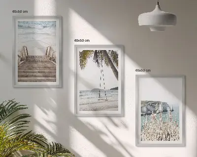 Triptykon billeder med ramme strand med trætrappe og gynge