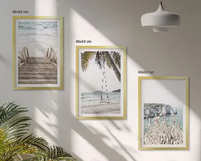 Triptykon billeder med ramme strand med trætrappe og gynge