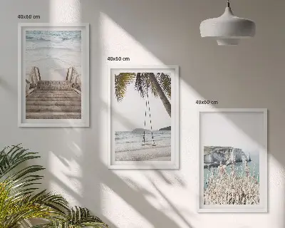 Triptykon billeder med ramme strand med trætrappe og gynge