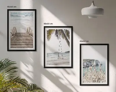 Triptykon billeder med ramme strand med trætrappe og gynge