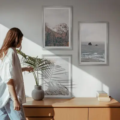 Billedsæt til soveværelset med motiver af bjerge, skyer, hav og sand
