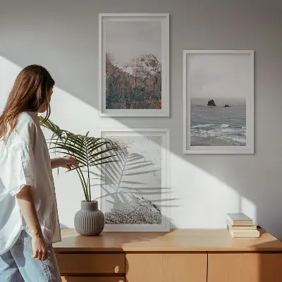 Billedsæt til soveværelset med motiver af bjerge, skyer, hav og sand