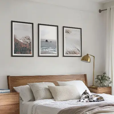 Billedsæt til soveværelset med motiver af bjerge, skyer, hav og sand