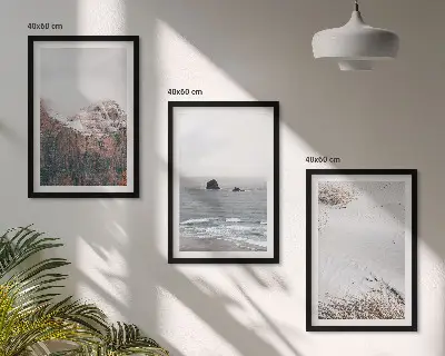 Billedsæt til soveværelset med motiver af bjerge, skyer, hav og sand