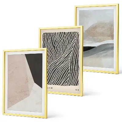 Triptykon med abstrakte mønstre i beige og grå nuancer med ramme