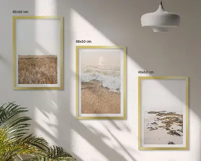 Triptykon med strandbølger og sten med ramme i sommertema