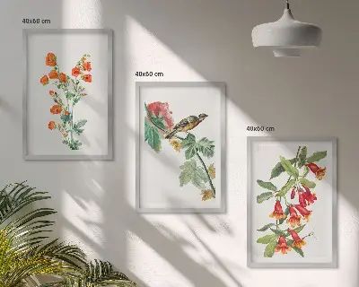 Billedsæt til soveværelset med malede blomster og en fugl