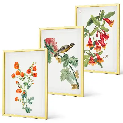 Billedsæt til soveværelset med malede blomster og en fugl
