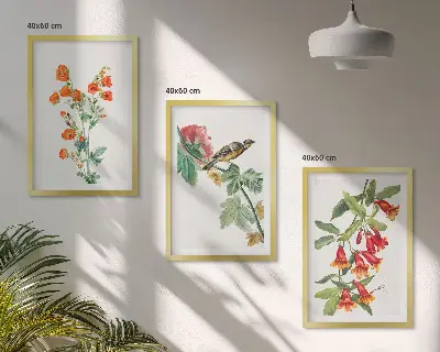 Billedsæt til soveværelset med malede blomster og en fugl