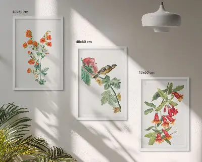 Billedsæt til soveværelset med malede blomster og en fugl