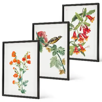 Billedsæt til soveværelset med malede blomster og en fugl