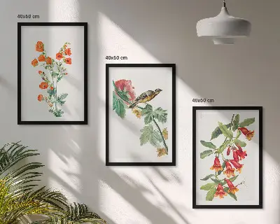 Billedsæt til soveværelset med malede blomster og en fugl