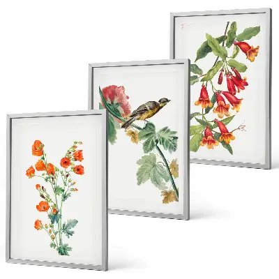 Billedsæt til soveværelset med malede blomster og en fugl