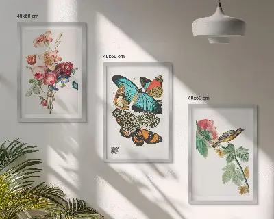 Billedsæt til soveværelset med blomster, sommerfugle og fugle i pastelnuancer
