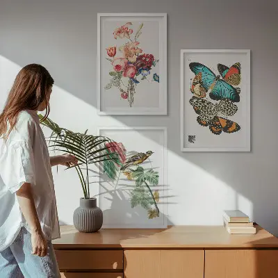 Billedsæt til soveværelset med blomster, sommerfugle og fugle i pastelnuancer