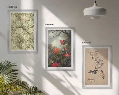Billedvæg med inspiration af blomster, fugle og natur