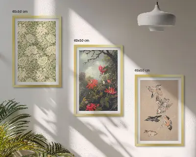Billedvæg med inspiration af blomster, fugle og natur