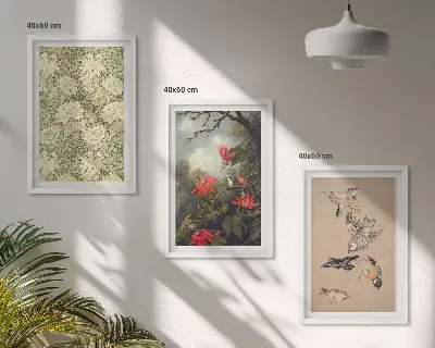 Billedvæg med inspiration af blomster, fugle og natur