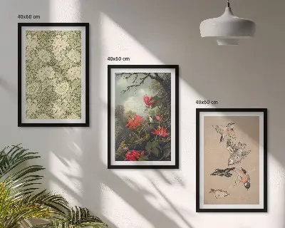 Billedvæg med inspiration af blomster, fugle og natur