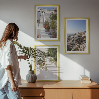 Triptykon billeder med ramme Hvide trapper Santorini udsigt