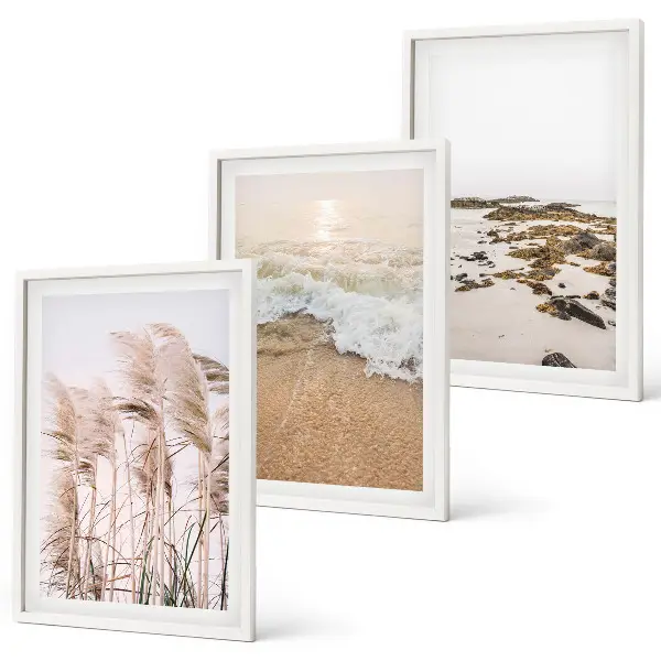 Billedsæt til soveværelset med motiv af strandgræs, bølger og sten i boho-stil