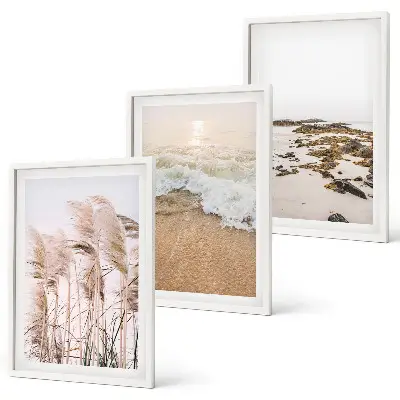 Billedsæt til soveværelset med motiv af strandgræs, bølger og sten i boho-stil