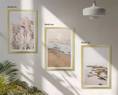Billedsæt til soveværelset med motiv af strandgræs, bølger og sten i boho-stil
