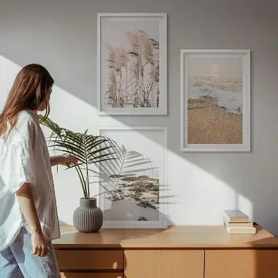 Billedsæt til soveværelset med motiv af strandgræs, bølger og sten i boho-stil
