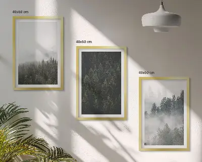 Triptykon med skovmotiv grønne skove i tåge med ramme