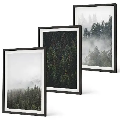 Triptykon med skovmotiv grønne skove i tåge med ramme