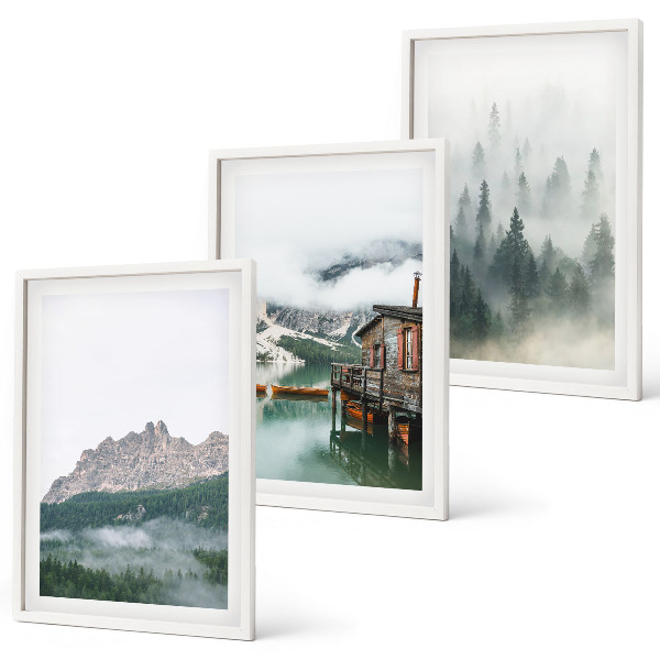 Billedvæg inspiration Bjerge, sø, sommerhus, tåge