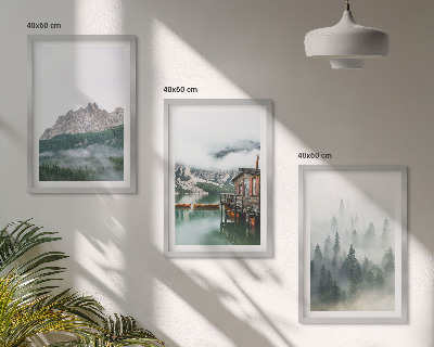Billedvæg inspiration Bjerge, sø, sommerhus, tåge