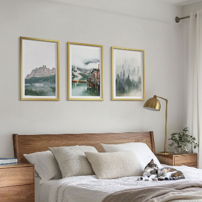 Billedvæg inspiration Bjerge, sø, sommerhus, tåge