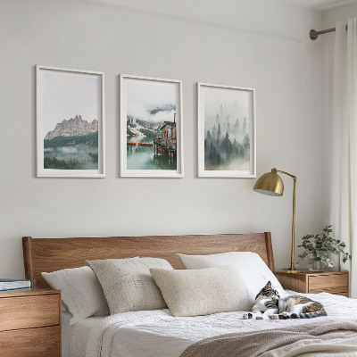 Billedvæg inspiration Bjerge, sø, sommerhus, tåge