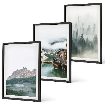 Billedvæg inspiration Bjerge, sø, sommerhus, tåge