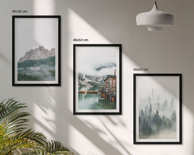 Billedvæg inspiration Bjerge, sø, sommerhus, tåge