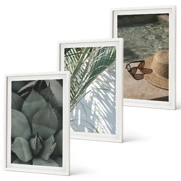 Triptykon billeder med ramme med motiv af tropiske planter til feriestemning