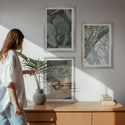 Triptykon billeder med ramme med motiv af tropiske planter til feriestemning