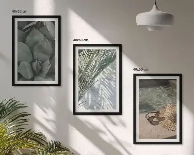 Triptykon billeder med ramme med motiv af tropiske planter til feriestemning