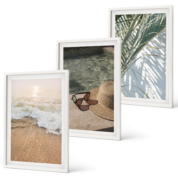 Triptykon billeder med ramme Vand strandhat solbriller