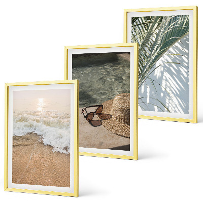 Triptykon billeder med ramme Vand strandhat solbriller