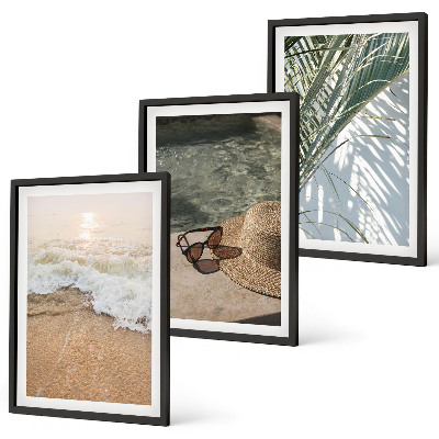 Triptykon billeder med ramme Vand strandhat solbriller