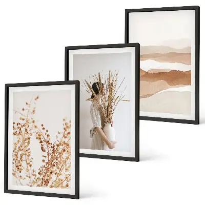 Triptykon med rustikke boho blomstermotiver sæt inklusiv ramme