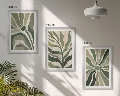 Triptykonbilleder med ramme med grønne og beige plantemønstre