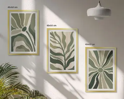Triptykonbilleder med ramme med grønne og beige plantemønstre