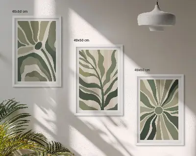 Triptykonbilleder med ramme med grønne og beige plantemønstre