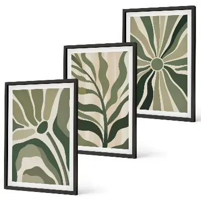 Triptykonbilleder med ramme med grønne og beige plantemønstre